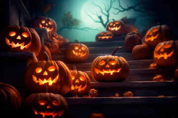 Halloween orange carved jack lantern pumpkins and decorations at outdoor night