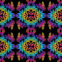 Seamless design vector Beauty flower line art batik ethnic dayak borneo pattern with colourful gradient 