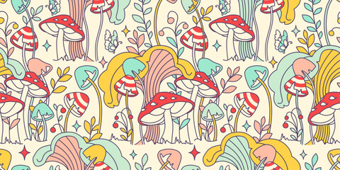 Hippie aesthetic, seamless wallpaper. Crazy fun retro 60s - 70s vibe. Groovy tangled tile seamless pattern with cheerful toadstool, funny fungi and hippy plants.