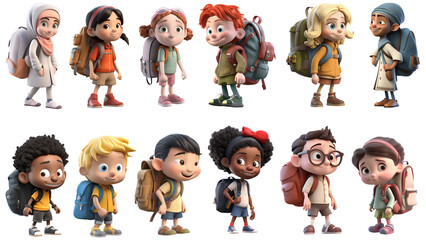 cute funny illustrated school kids with backpacks, various ethnicities, isolated on white background - post-processed generative AI