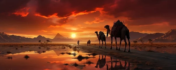 Foto op Plexiglas Banner of many camels in the desert at sunset. beautiful sky and reflection in water © mariiaplo