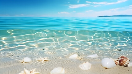 Fototapeta na wymiar Shells and starfish in sea water. Summer beach background.