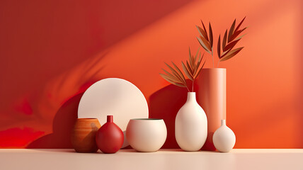 Fototapeta na wymiar Beautiful ceramic vase arrangement in red and orange colours. 