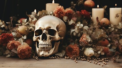 Generative AI, Halloween background with skull, flowers and feathers in boho style, muted neutral colors, home decoration