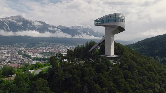 Aerial Shot of Bergisel Ski Jump in Innsbruck designed by the British-Iraqi architect Zaha Hadid in Innsbruck, Austria