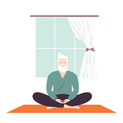 Vector illustration senior man with gray hair beard sitting on a yoga mat in lotus pose meditating. Stress management active healthy lifestyle mental health concept