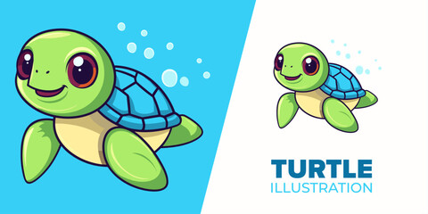 Cute turtle swimming: Flat vector cartoon icon illustration - ideal for posters, cards, decoration, and print