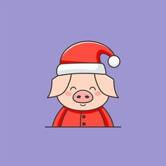 Vector flat christmas illustration with cartoon pig dressed as Santa Claus