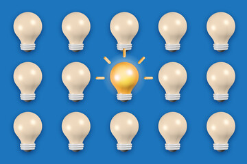 Light Bulb Icon Line, in 3D. One bulb lights up, and another goes out. Unique and Creative.