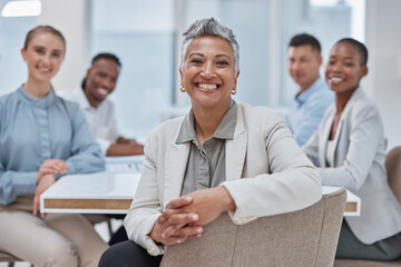 Portrait, woman and business people in a meeting, brainstorming and teamwork with a project,...