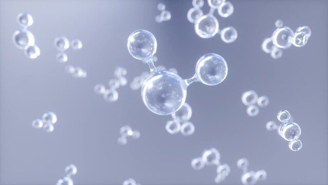 Glass molecule or atom model, 3d microscope view. Abstract molecular structure floating in slow motion on blurred background. Hydrogen or oxygen gas particles. For science, beauty or medicine matters