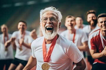 Excited old male athlete winning medal on race track with other athletes in background. in a running event at the stadium