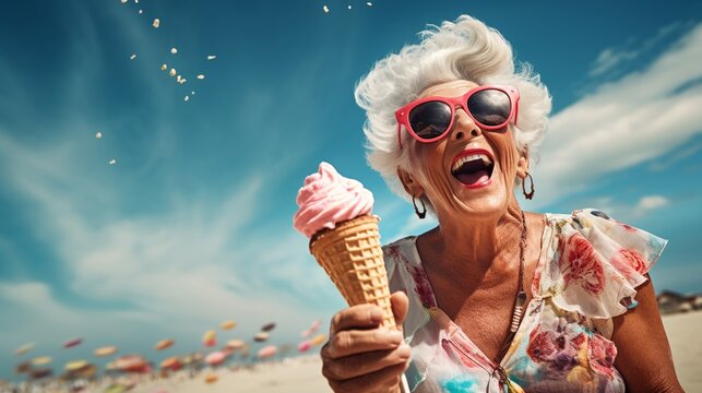 A happy fashion senior lady wearing large sunglasses enjoys her ice cream on the beach, copy space, summer holiday concept.
