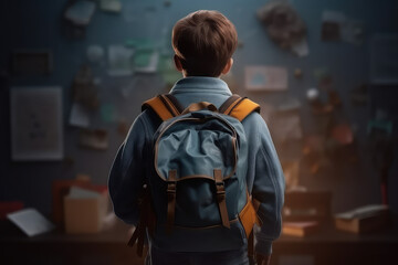 Fototapeta premium Boy with a backpack stands with his back to the camera, school objects the backpack, books and pens on the background of the school class. Director's office. Generative AI.