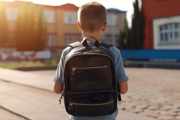 boy with a backpack stands with his back to the camera, school objects backpack, books and pens on the background of the school . Sunny day color. Generative AI.