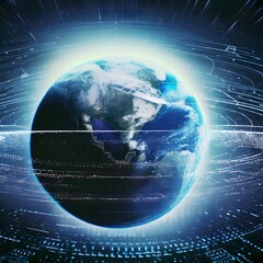 Plane Earth data illustration, from an orbital point of view with bright lines symbolizing data