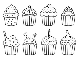 Cupcakes doodle set. Desserts and sweets in sketch style. Hand drawn vector illustration isolated on white background