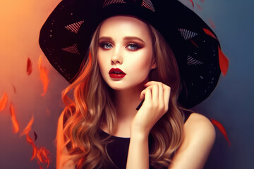 A gorgeous Witch on a Halloween background smiles at the camera. A woman in a black dress on a black-orange background. Generative AI.