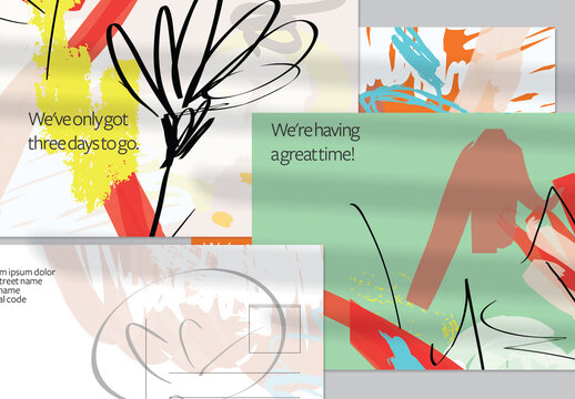Postcard Layout with Hand Drawn Abstract Brush Strokes and Floral Elements