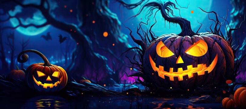 an abstract halloween pumpkin, neon colors, a haunted evil glowing eyes of Jack O Lanterns