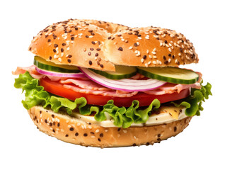 A toasted turkey bagel sandwich isolated