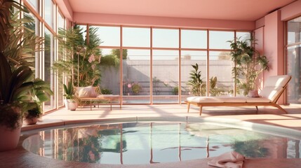 A sunlit indoor lounge area with a pool with clear wat.Generative AI