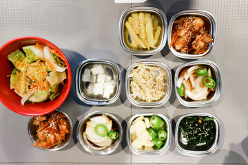 sprout salad , Korean salad and Kimchi or seaweed salad or Korean food