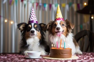 cat and dog wearing birthday hat smiling with birthday cake on table, solid pastel background