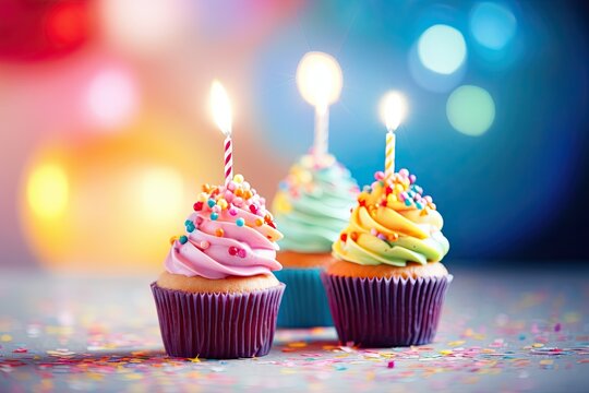 a cupcakes in a colorful frosting, beeper, sparkle core, pink, blue, pastel color, party and birthday, magical with bokeh background