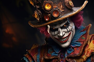 a halloween theme, scary clown and things, bad guy, colorful bokeh background