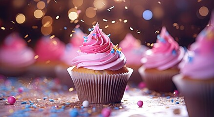 a cupcakes in a colorful frosting, beeper, sparkle core, pink, blue, pastel color, party and birthday, magical with bokeh background - Powered by Adobe
