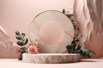 a exotic stone podium with leaf shade and golden rose in beige color for product display nature, empty display showroom