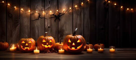 Halloween theme, Jack O' Lanterns with candles and string lights on wooden table in scary halloween night.