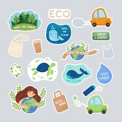 Collection of ecology stickers with slogans save planet, green energy, save ocean. Eco friendly lifestyle. Ecology stickers.