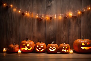 Fototapeta premium Halloween theme, Jack O' Lanterns with candles and string lights on wooden table in scary halloween night.