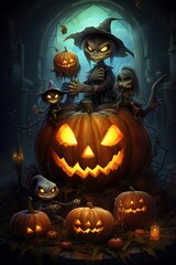 Halloween theme with monsters, cartoons. A colorful halloween theme background with halloween objects, zombies and pumpkin and skulls, scary style