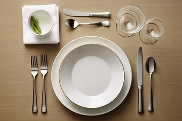 Complete cutlery set with glasses, plates and cutlery, seen from above.