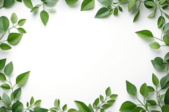 green leaves border frame on a white background with space for copy