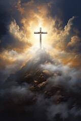 holy cross symbolizing the death and resurrection of Jesus Christ with The sky over Golgotha Hill is shrouded in light and clouds