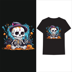 Kawaii skeleton celebrating Halloween vector t-shirt design.