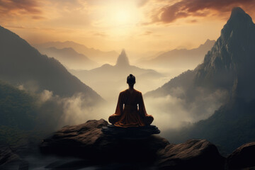 meditating monk sits on a mountain near a misty valley - obrazy, fototapety, plakaty