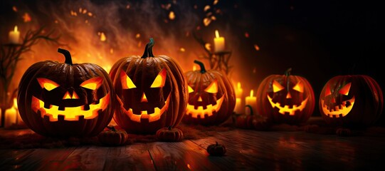 a scary halloween pumpkins, with asp background and neon effect, fantastic, copy space