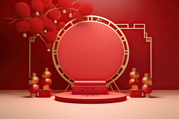 Red podium with lantern chinese new year and gift box product stand podium background pedestal 3d