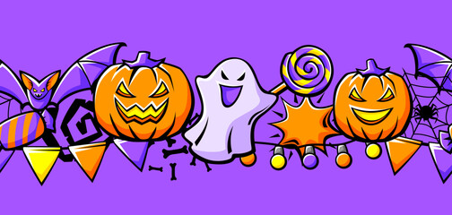 Happy Halloween pattern. Holiday background with celebration items.
