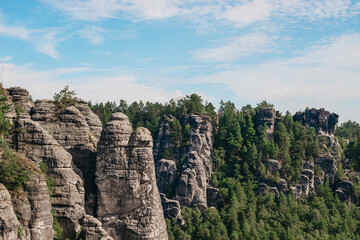 Saxon Switzerland from a bird's eye view. German nature. Tourist place from a bird's eye view. The untouched nature of the rocks. Rock breaks.