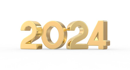 happy new year number 2024 gold 3d render - obrazy, fototapety, plakaty