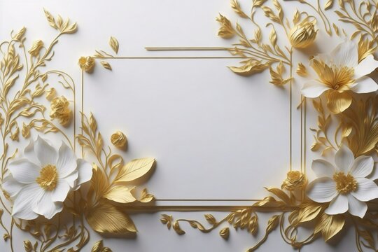White paper board background  with a touch of elegance and luxury , elegant golden flowers on a white paper.  
