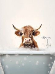 Highland cattle cow in Bath,  cattle bathing in the bathtub, funny animal, bathroom Interior safari poster, generative ai