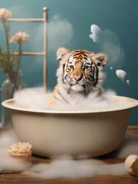 Baby Tiger in Foam Bath, tiger bathing in the bathtub, funny animal, bathroom Interior safari poster, generative ai	
