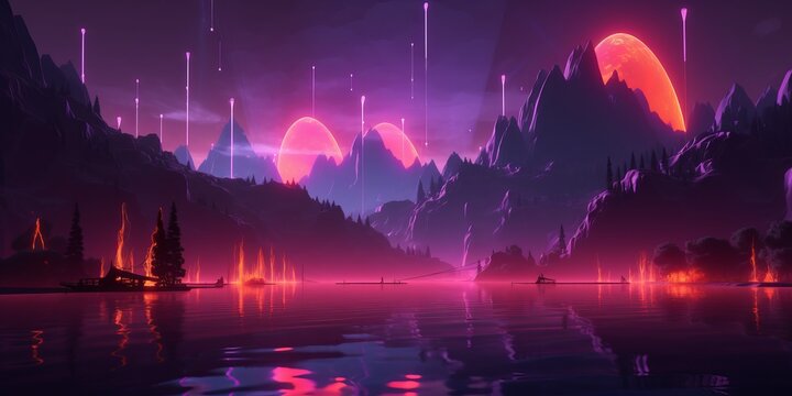 Dark pink neon night landscape with starfall sea mountains and glowing lightning beam of energy.. Long horizontal banner. Generative AI. Long horizontal banner
